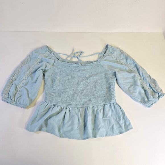 Japna Light Blue Lace Accents Balloon Sleeve Peplum Blouse size Medium - Picture 2 of 7